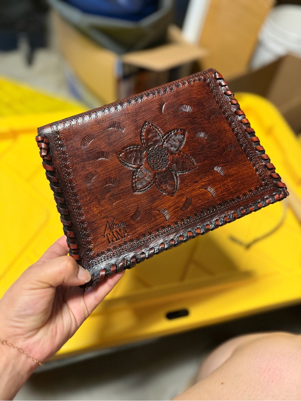 Handmade Brown Leather Purse with Floral Tooling